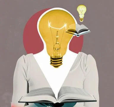 Head with an open book and a light bulb as a metaphor for a new idea Art co.. Stock Illustration