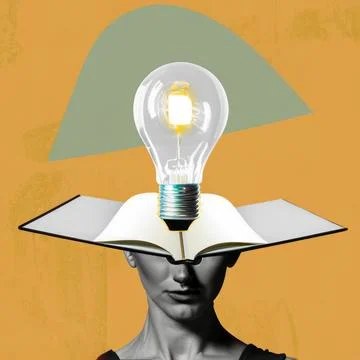 Head with an open book and a light bulb as a metaphor for a new idea Art co.. Stock Illustration