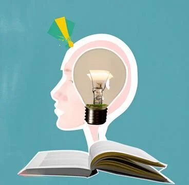Head with an open book and a light bulb as a metaphor for a new idea Art co.. Stock Illustration