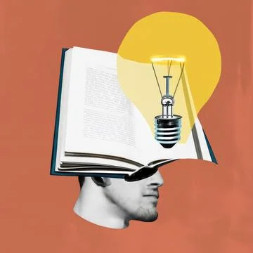 Head with an open book and a light bulb as a metaphor for a new idea Art co.. Stock Illustration