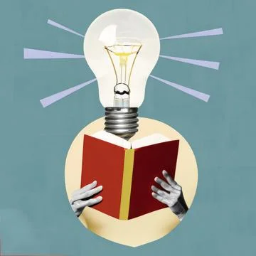Head with an open book and a light bulb as a metaphor for a new idea Art co.. Stock-Fotos
