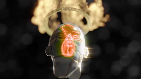 Head with orange mask and a burning fire ring Stock Footage 253551962