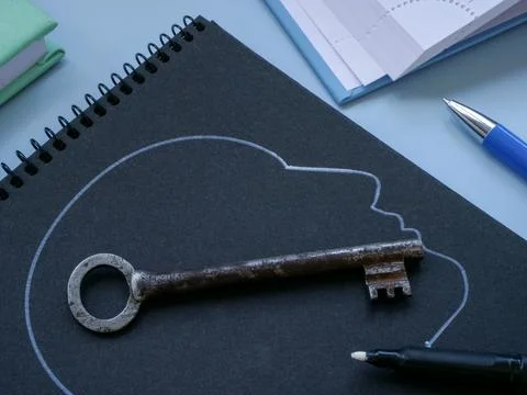 Head outline with a key inside. Unlocking potential. Stock-Fotos