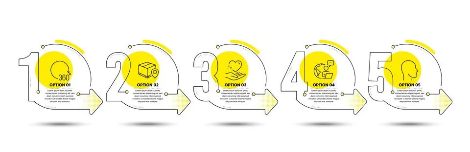 Head, Parcel tracking and 360 degrees icons set. Hold heart sign. Vector Stock Illustration