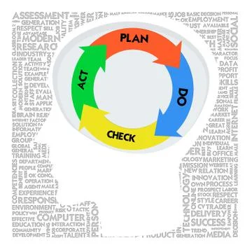 Head with pdca model and word cloud outside for business concept Stock Illustration