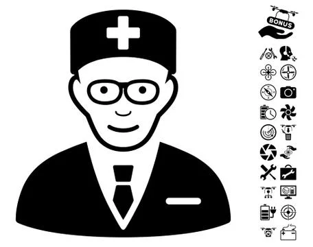 Head Physician Icon With Copter Tools Bonus Stock Illustration