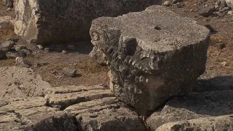 Head of pillar from ruins of Arbel synagogue, Galilee Stock Footage 86759715