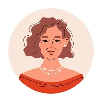 Head portrait of curly middle aged brown haired woman wearing red clothing with Stock Illustration