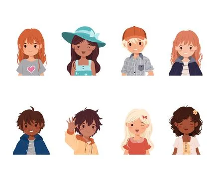 Head portrait set. Cute avatars with boys and girls. Stock Illustration