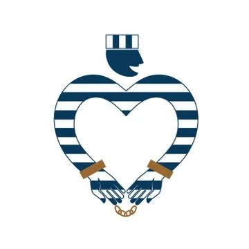 Head of a prisoner with his hands in the form heart . Online Dating. Stock Illustration