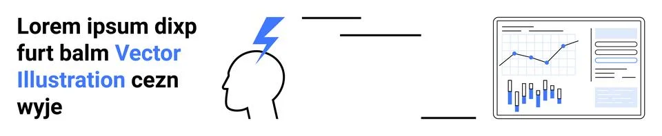 Head profile with blue lightning, connected to bar and line graph analytics d 스톡 일러스트