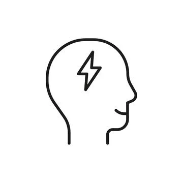 Head profile with charge energy lightning, line icon. Face with think idea mind Stock Illustration