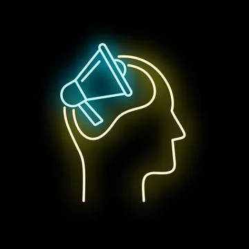 Head profile with megaphone inside mind neon Stock Illustration