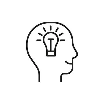 Head profile with think idea mind, line icon. Face with lightbulb. smart id.. Stock Illustration