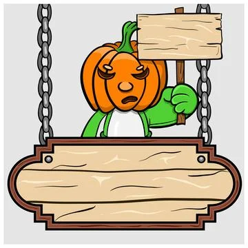 Head Pumpkin Doll With Big Blank Sign Wood. Vector Clip Art. Stock Illustration