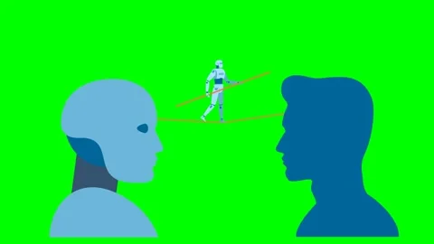Head of a robot and a human between which a robot tightrope walker passes Stock Footage 313648832