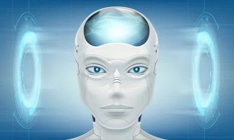 Head robot android. On modern technology background. Stock Illustration