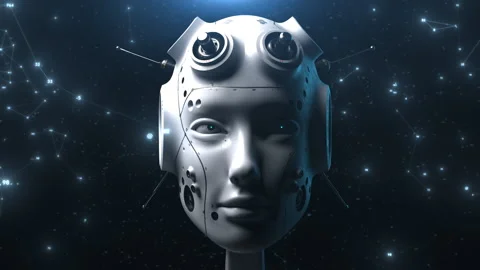 The head of the robot is intently studying and analyzing something. random nu Video stock 171822936