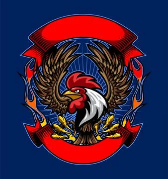 The head of a rooster with wings on a fire and ribbon Stock Illustration