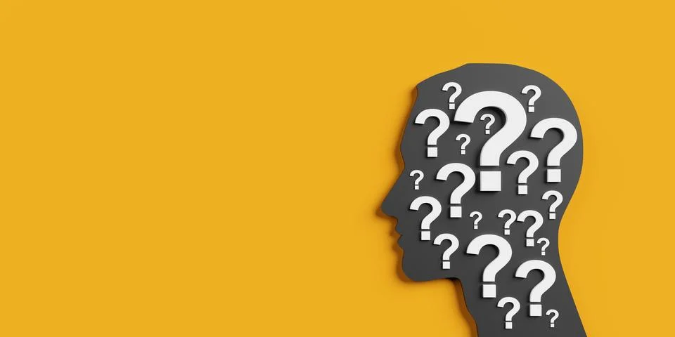 Head shape filled with white question marks on yellow background - confusio.. Stock Illustration