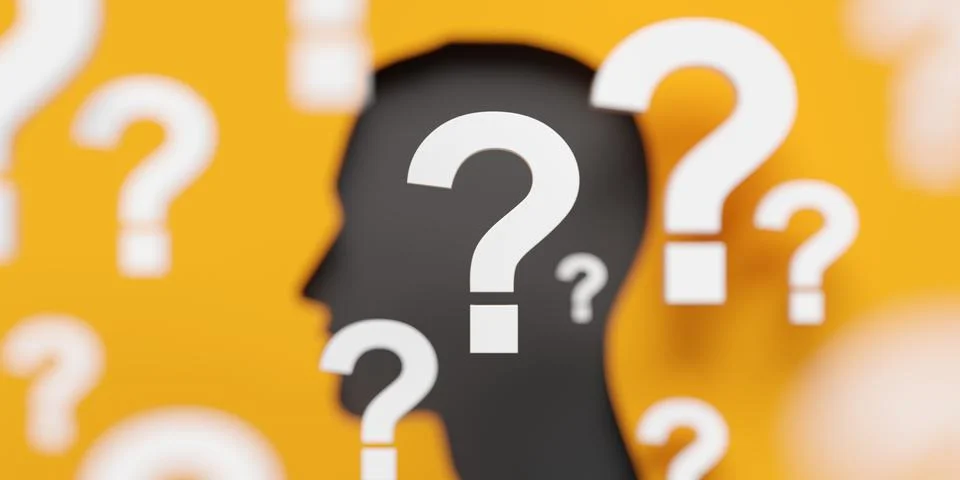 Head shape with large group of white question marks on yellow background - .. Stock Illustration
