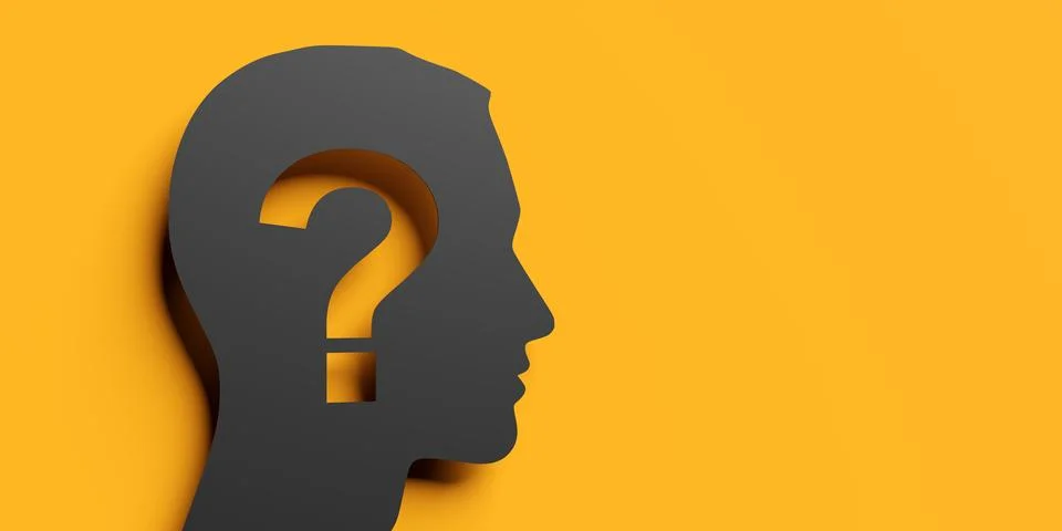 Head shape with question mark cut out on yellow background with copy space .. Illustrazione stock