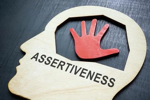 Head shape with sign assertiveness and hand palm. Stock Photos