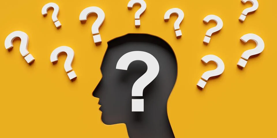 Head shape surrounded with group of white question marks on yellow backgrou.. Stock Illustration