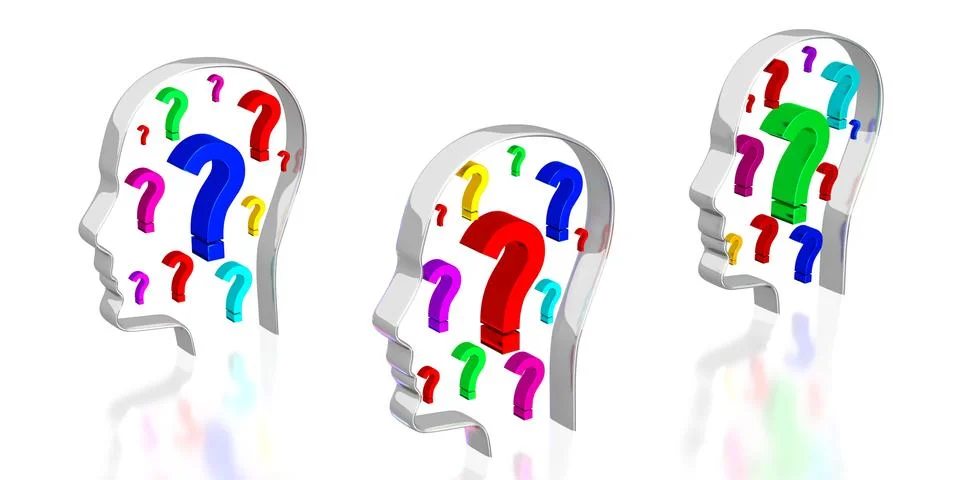 Head shapes, question marks - 3D illustration Stock Illustration