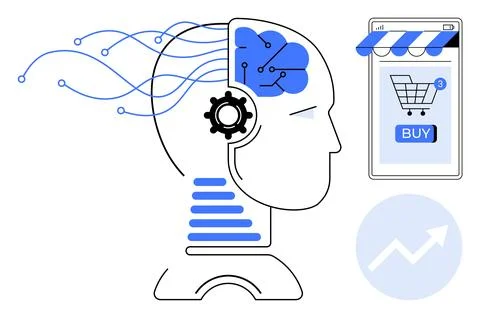 Head silhouette with AI elements and a smartphone showing an online store wit イラスト素材