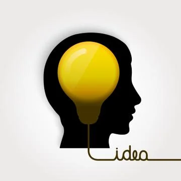 Head silhouette with lightbulb. Idea concept icon. Wire forming to text idea. Stock Illustration