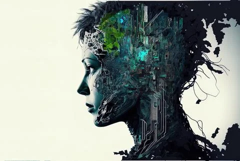 The head silhouette's motherboard has artificial intelligence. Generative AI Stock Illustration