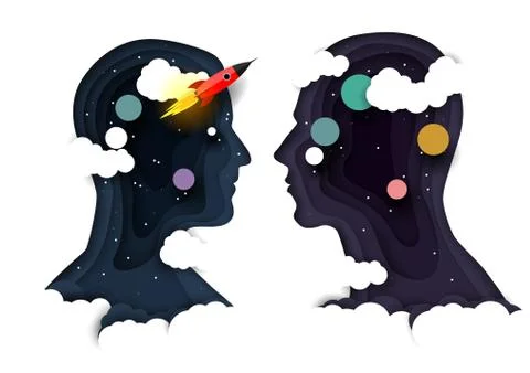 Head silhouettes with rocket, vector paper cut illustration Stock Illustration