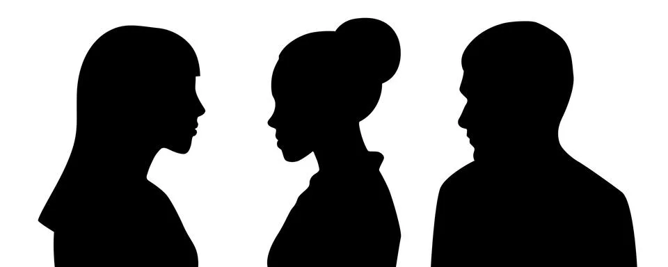 Head silhouettes of three people. Black and white. Stock Illustration