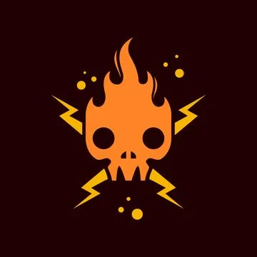 Head skull cranium fire flame hot thunderbolt simple colored logo design vect Illustration