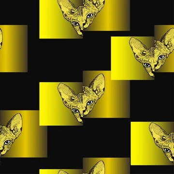 Head Sphinx cat and gold geometric asymmetrical square figure seamless pattern Stock Illustration