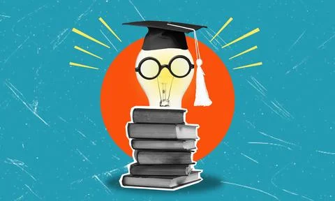 A head with a stack of books and a light bulb as a metaphor for a new idea. Stock Photos