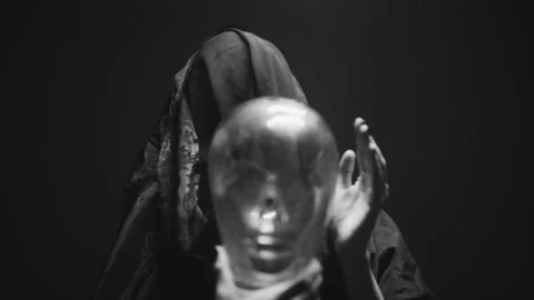 Head Statue held by a witch in black and white Stock-Footage 258979626