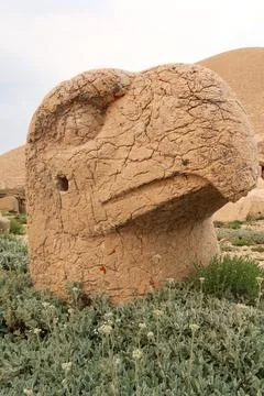 Head of a stone statue, sculpture of an eagle on the West Terrace of Mount Ne Stock Photos