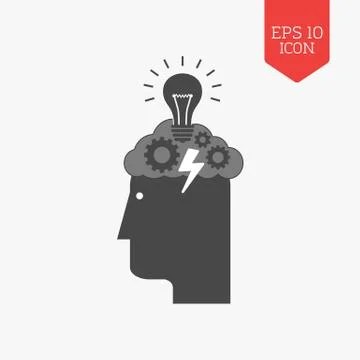 Head with storming cloud and lightbulb icon, brainstorm concept. Flat design  Stock Illustration