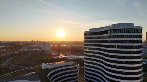Head on sunset approach to layered white facade Stock Footage 331197792