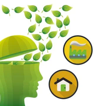 Head think green environment house factory Stock Illustration
