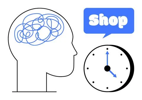 Head with Thoughts, Clock, and Speech Bubble with Shop Text Stock Illustration