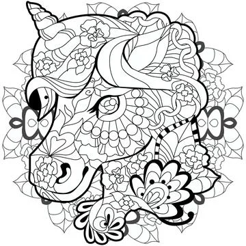 Head unicorn on mandala zentangle styled for coloring. May be used for print Ilustración de archivo
