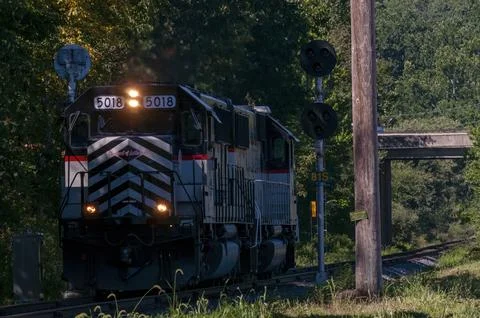 Head on View of a Double Header Diesel Train, as it Approaches on a Sunny Day Stock Photos