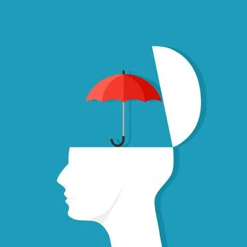 The head was opened with an umbrella. Meaning of protection. care ideas Illustrazione stock