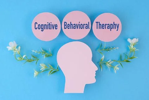 A head with the words cognitive behavioral therapy written around it Stock Photos