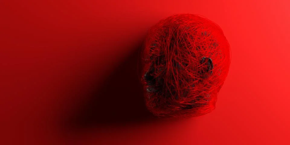 Head wrapped in red string on red background, mental disease or disorder, p.. Stock Illustration