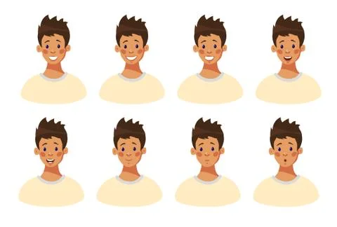 Head of a young guy with different emotions on his face, vector illustration set Stock Illustration