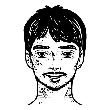 Head, young guy with a mustache. Line art sketch picture. Hand drawn. Illustrazione stock